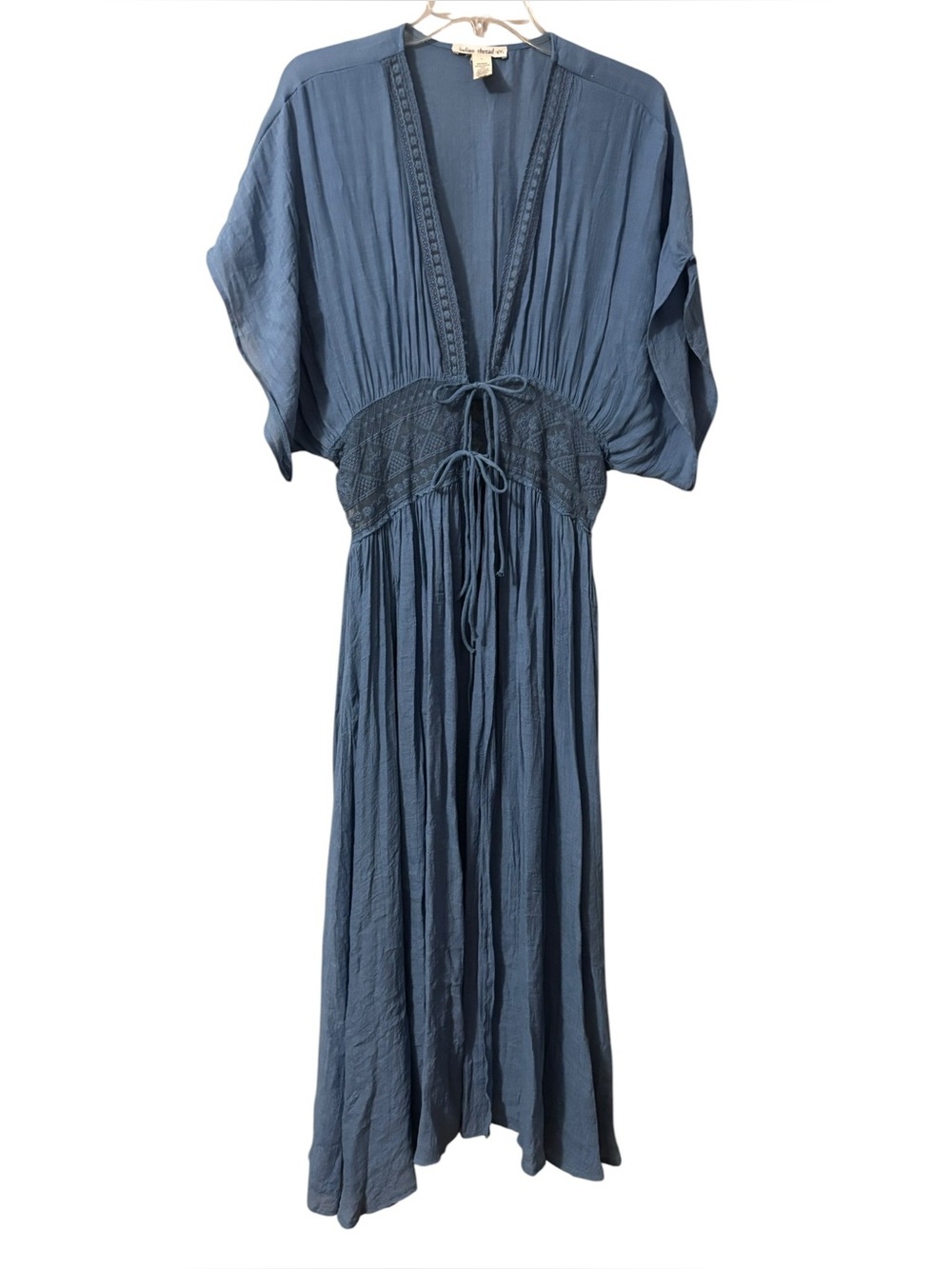 Indigo Thread Blue cotton & Lace Duster Kimono with double Waist Tie size Large